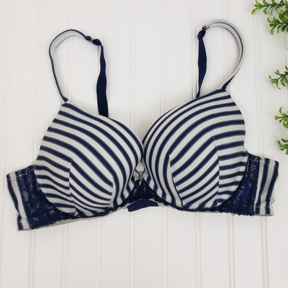 Cacique Boost Plunge Bra size 42B Blue White Stripe Sexy Classic